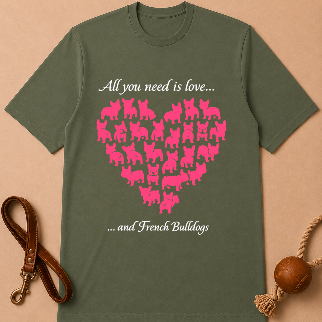ALL YOU NEED IS LOVE AND FRENCH BULLDOGS T-SHIRT